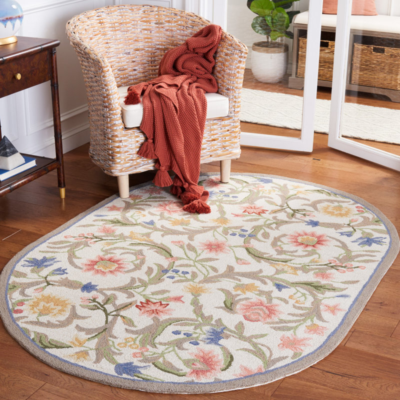 Lark Manor Hollander Floral Handmade Looped/Hooked Wool Area Rug in Ivory/MultiColour & Reviews